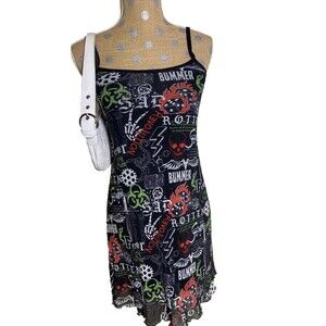 Havoc Cult Slip Dress Reaper Large Dragon Black Y2K Goth Lace Punk Mini